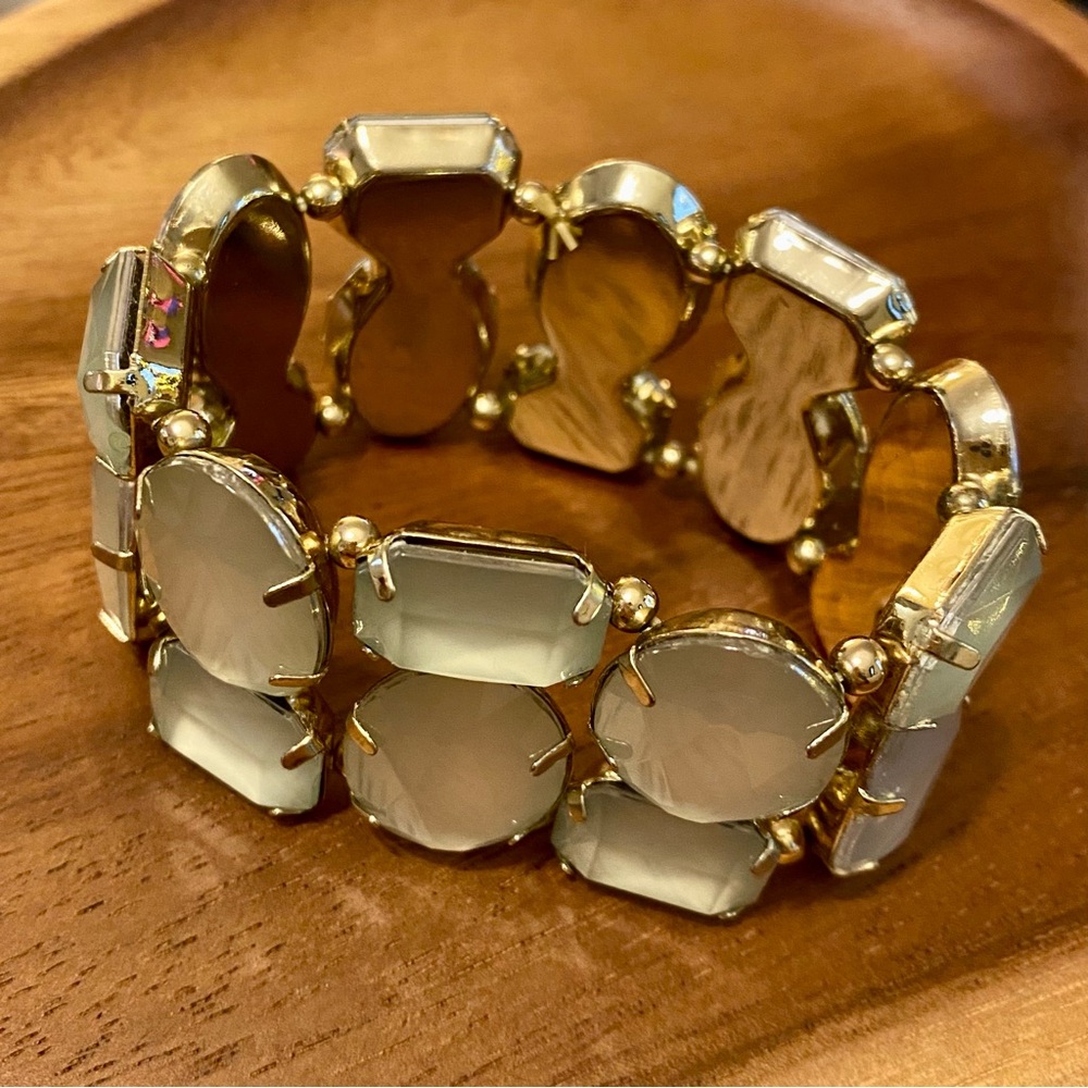 STRETCH BRACELET | Double Strand | Creamy Grey Faceted Beads | Gold Finish